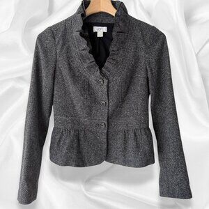 LOFT Charcoal Ruffle Collar Peplum Blazer | Victorian-Inspired Jacket Size 0Dr